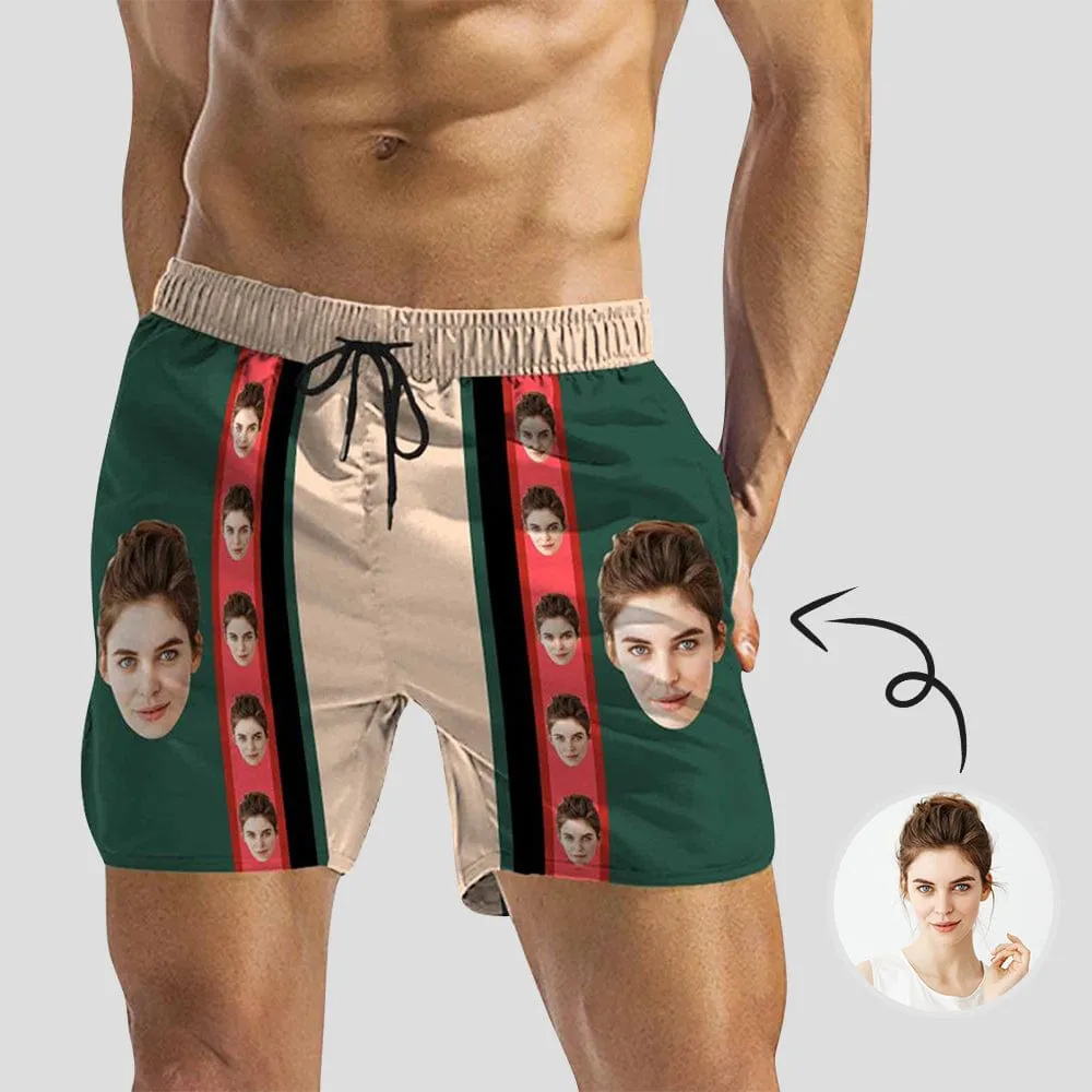 Personalized Swim Trunks with Custom Face Design Red and Green Men's Quick Dry Swim Shorts