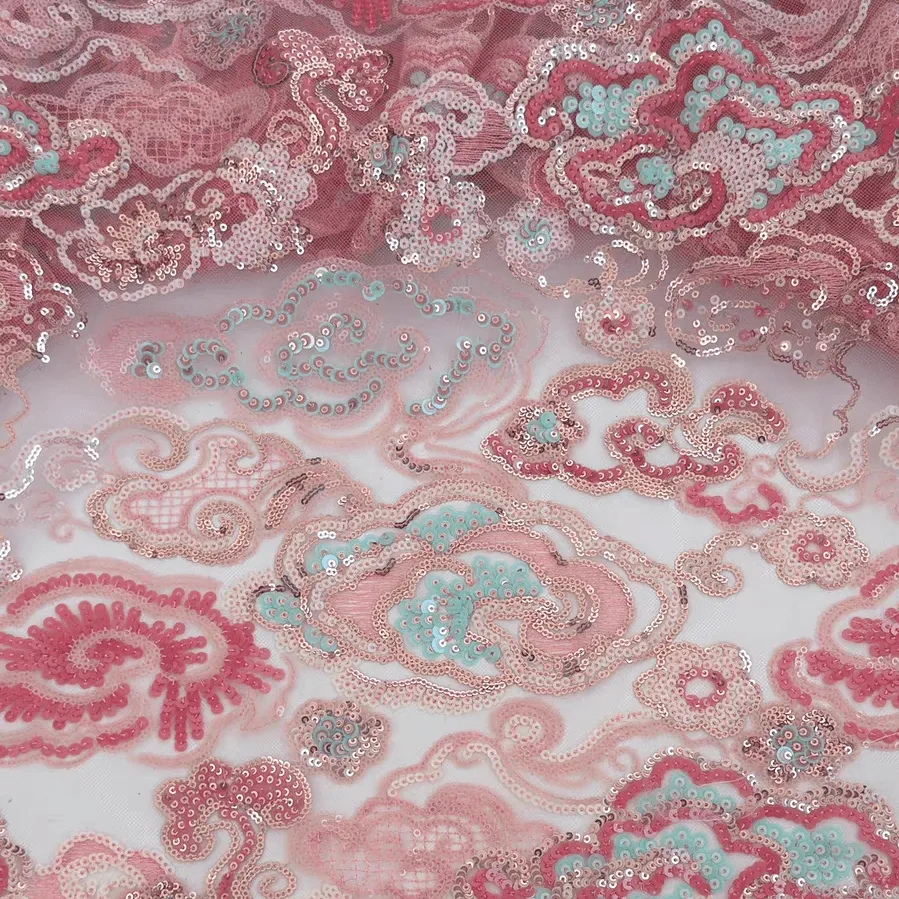 Pink Cloud Pattern Sequin Embroidered Tulle Lace Fabric