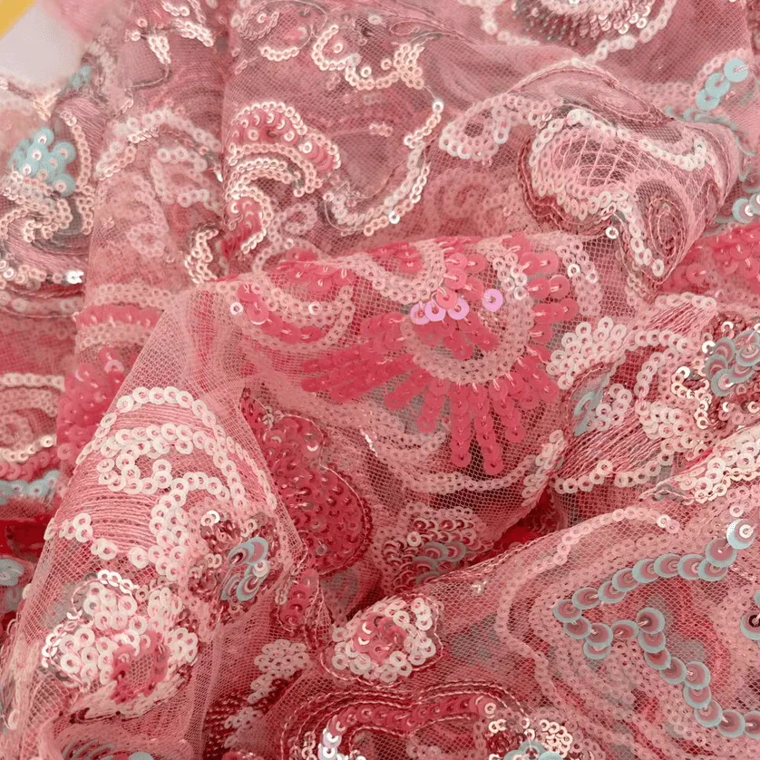 Pink Cloud Pattern Sequin Embroidered Tulle Lace Fabric
