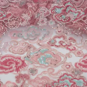 Pink Cloud Pattern Sequin Embroidered Tulle Lace Fabric
