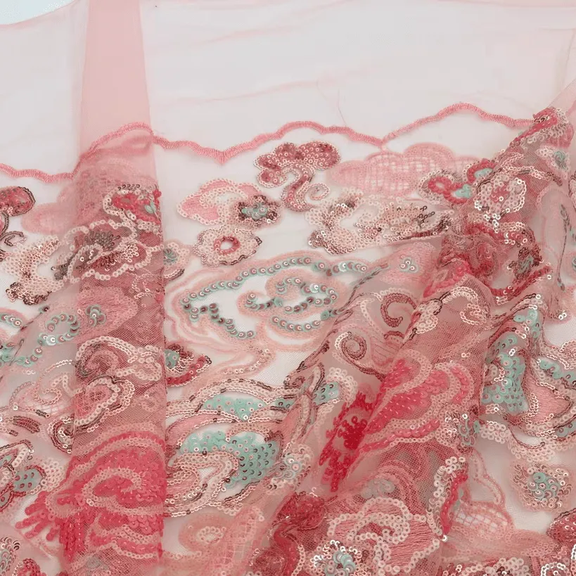 Pink Cloud Pattern Sequin Embroidered Tulle Lace Fabric