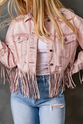 Pink Distressed Fringed Cropped Denim Jacket