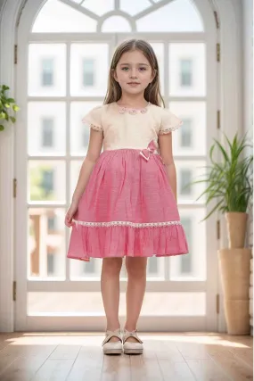 Pink Floral And Bow Embellished Casual Frock For Girls