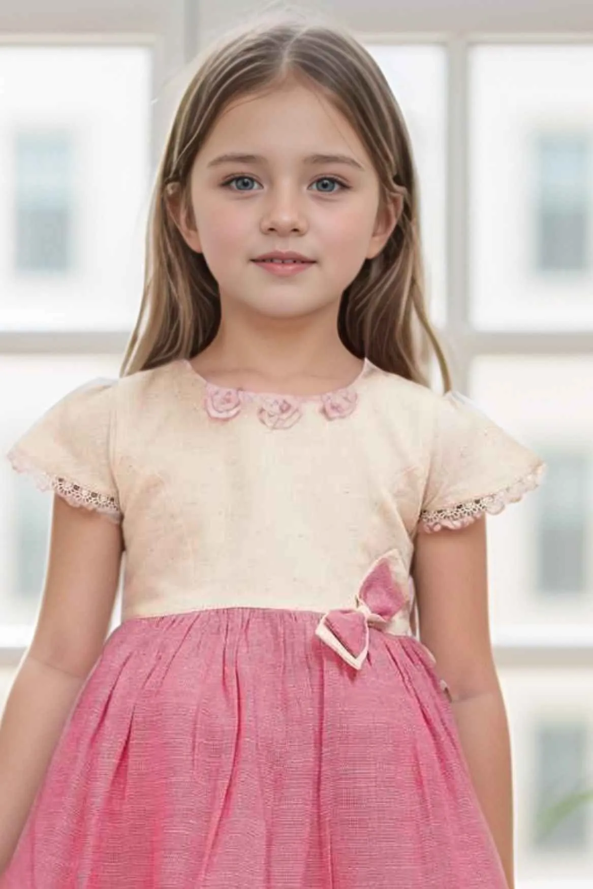 Pink Floral And Bow Embellished Casual Frock For Girls