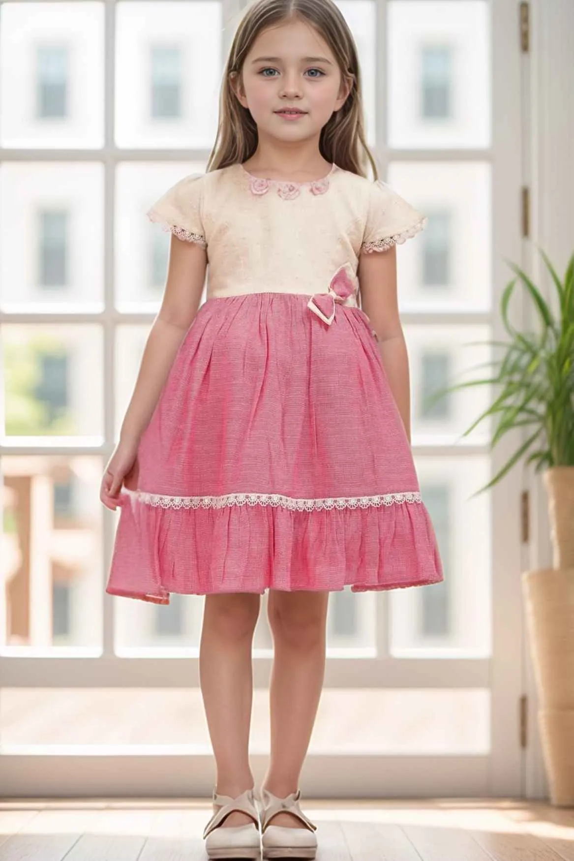 Pink Floral And Bow Embellished Casual Frock For Girls