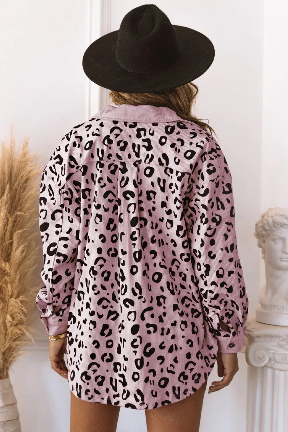 Pink Leopard Print Flap Pocket Corduroy Jacket