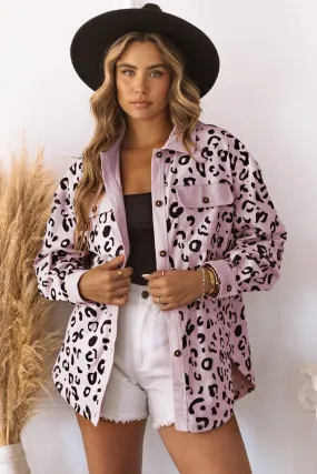 Pink Leopard Print Flap Pocket Corduroy Jacket