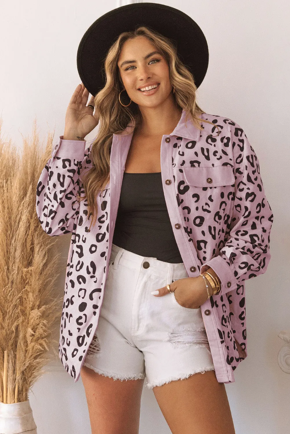 Pink Leopard Print Flap Pocket Corduroy Jacket