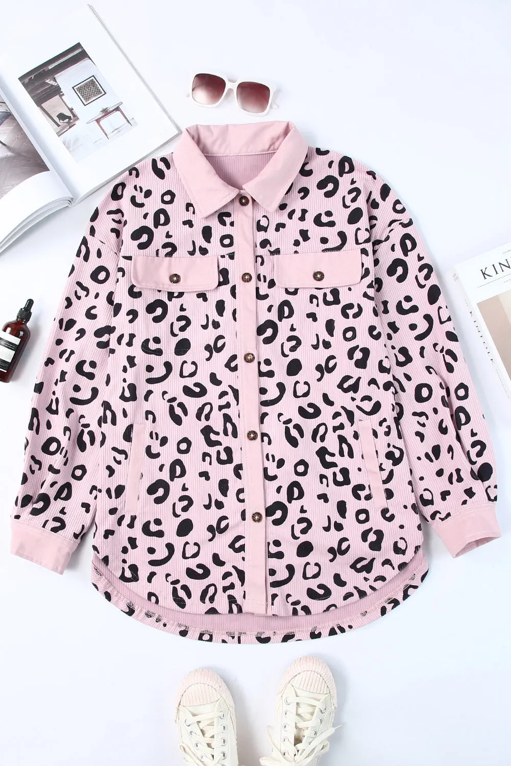Pink Leopard Print Flap Pocket Corduroy Jacket
