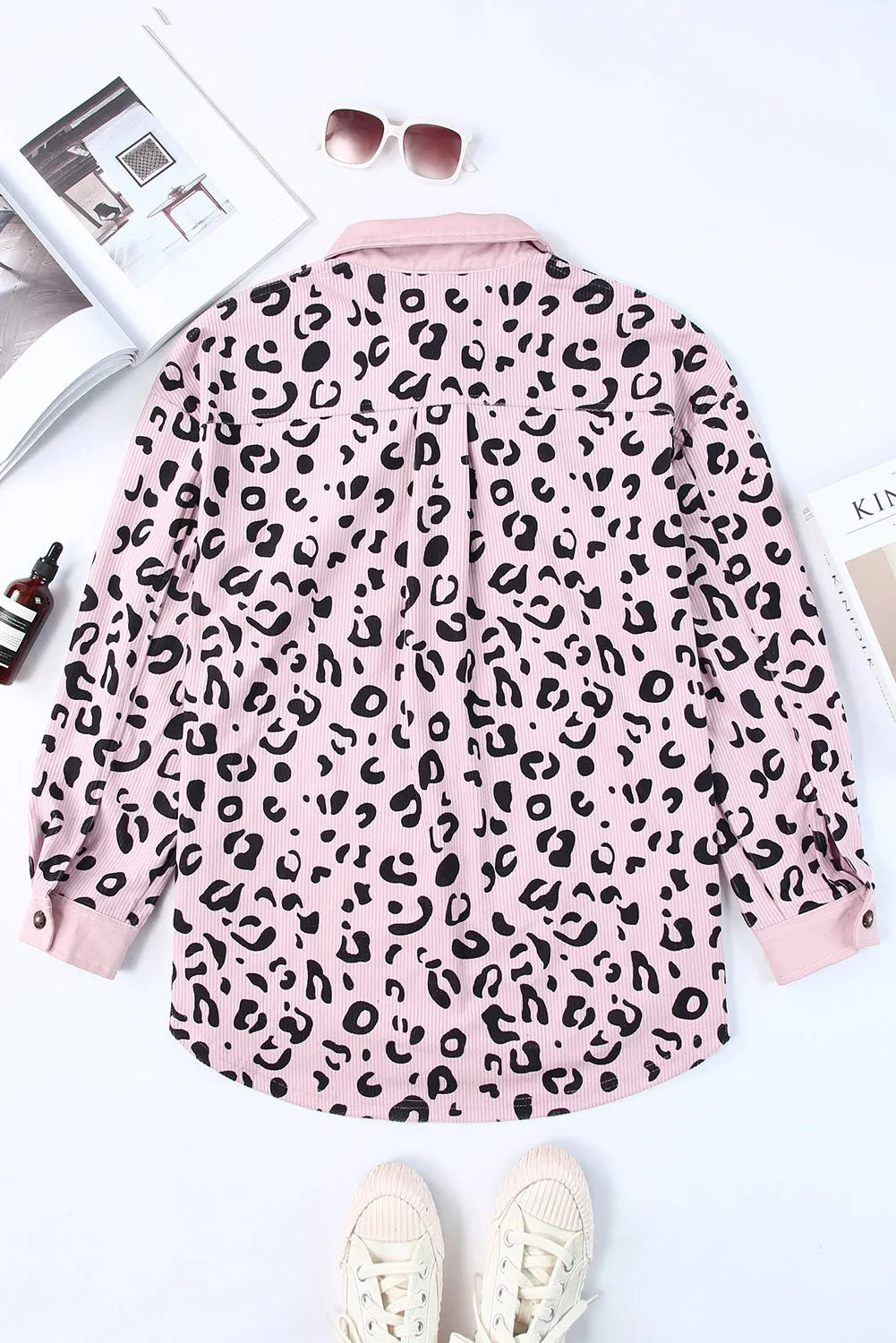 Pink Leopard Print Flap Pocket Corduroy Jacket