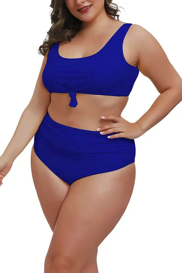 Plus Size U Neck Tie High Waisted Pleated Two Piece Swimwear