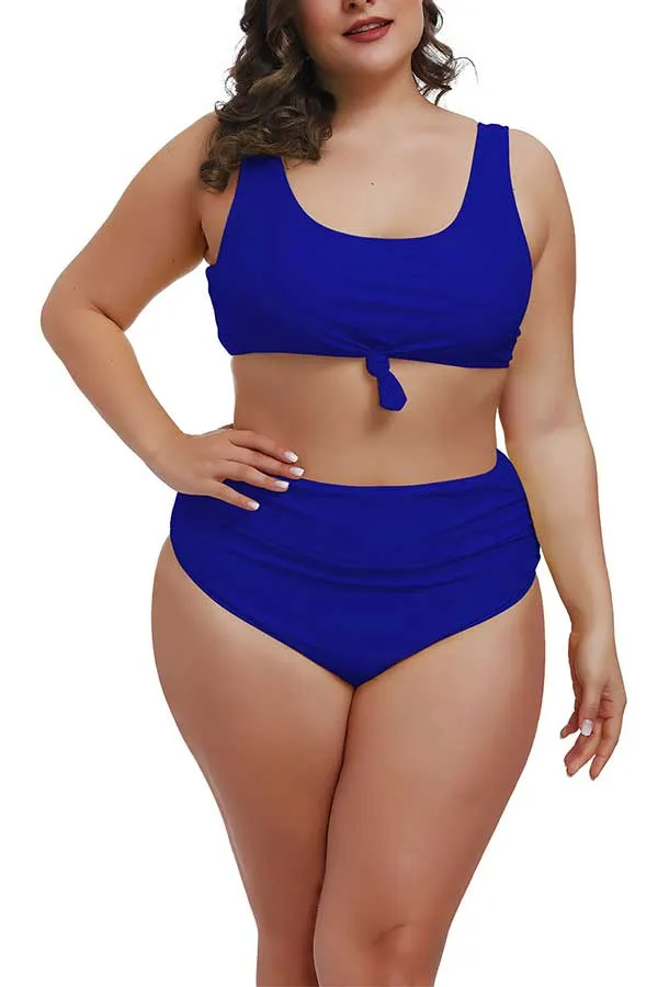 Plus Size U Neck Tie High Waisted Pleated Two Piece Swimwear