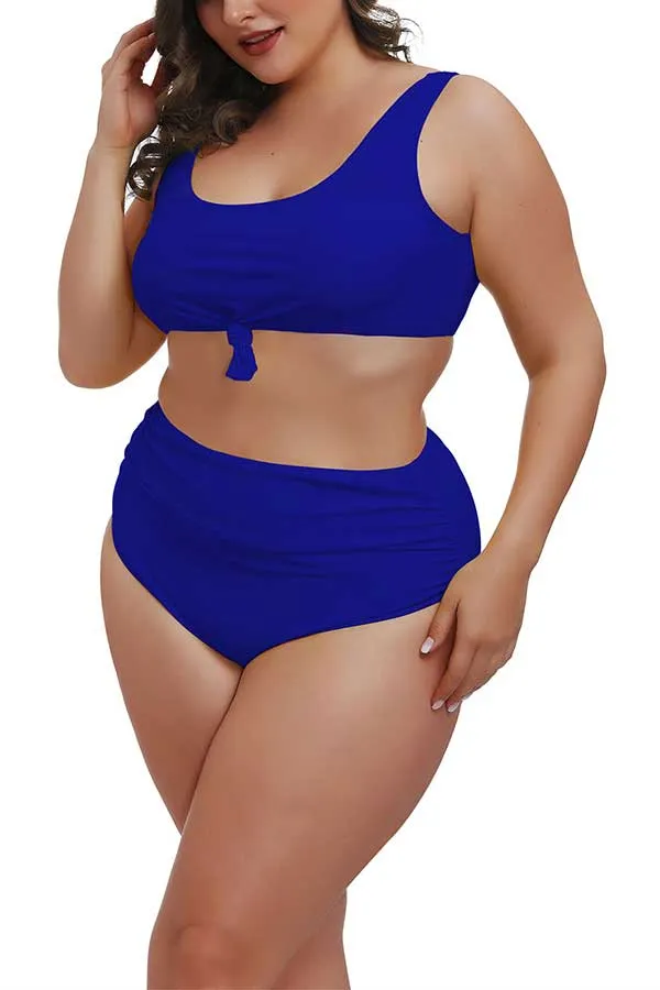 Plus Size U Neck Tie High Waisted Pleated Two Piece Swimwear