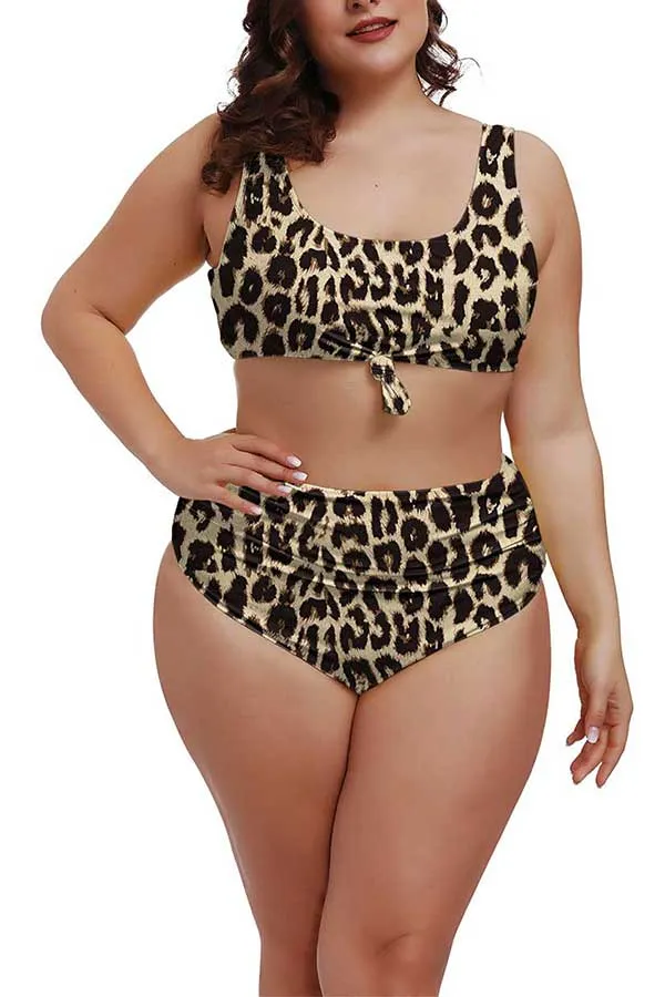 Plus Size U Neck Tie High Waisted Pleated Two Piece Swimwear