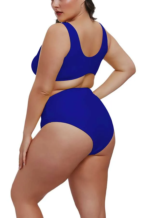 Plus Size U Neck Tie High Waisted Pleated Two Piece Swimwear