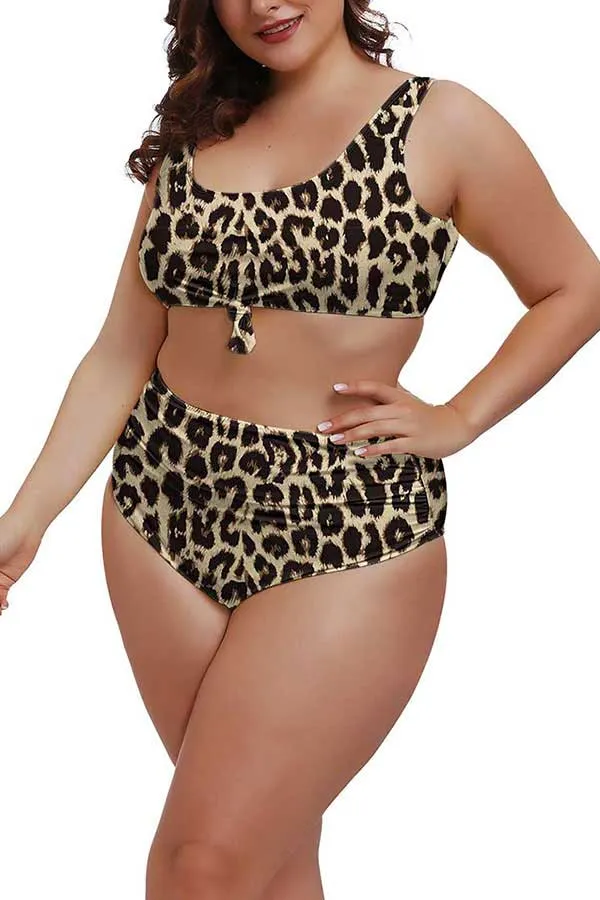 Plus Size U Neck Tie High Waisted Pleated Two Piece Swimwear