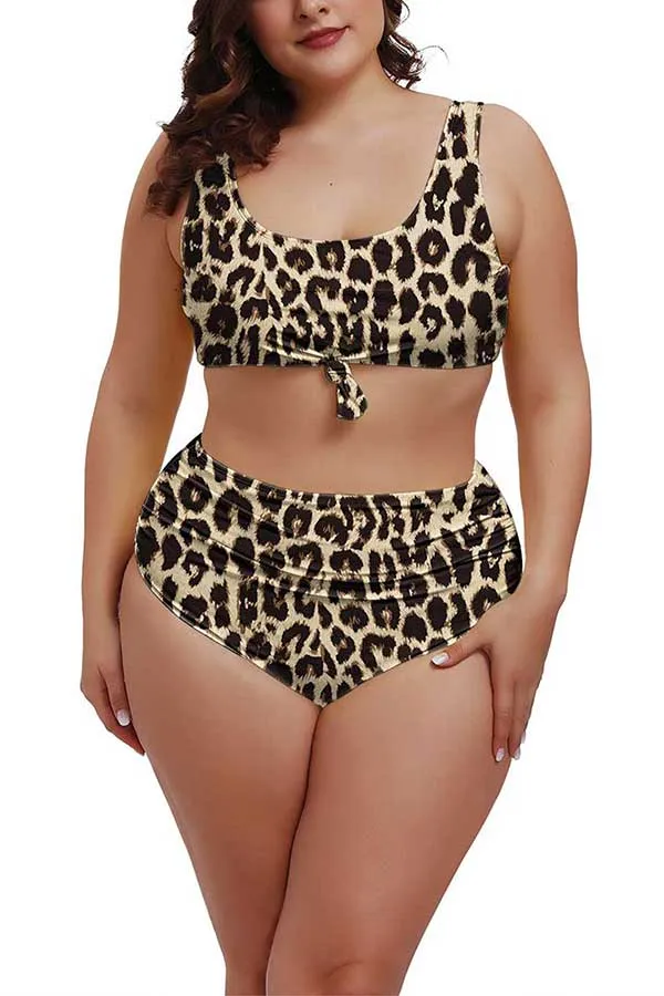 Plus Size U Neck Tie High Waisted Pleated Two Piece Swimwear