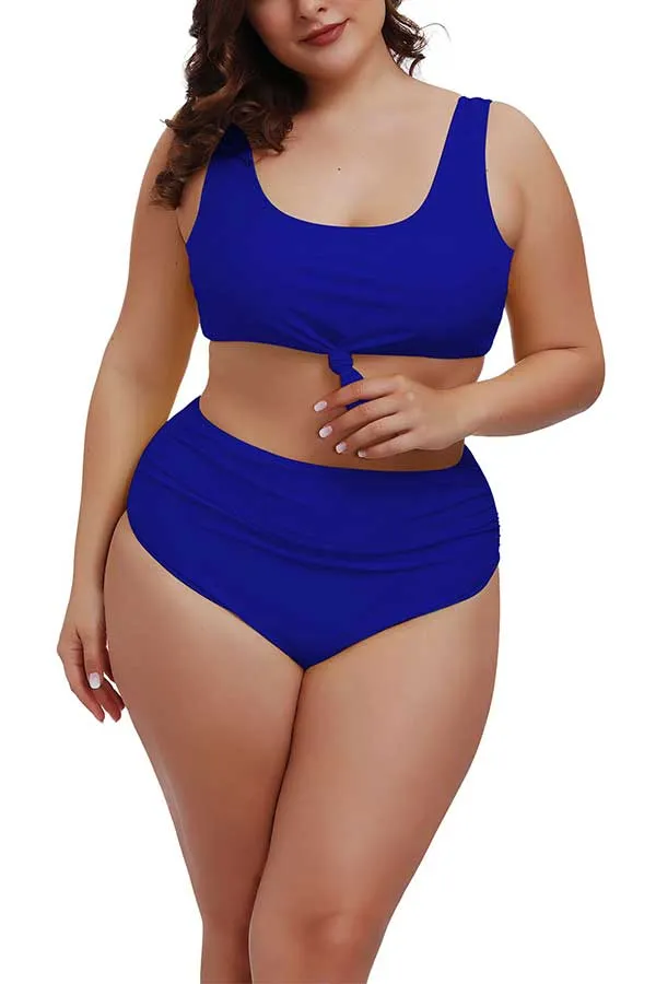 Plus Size U Neck Tie High Waisted Pleated Two Piece Swimwear