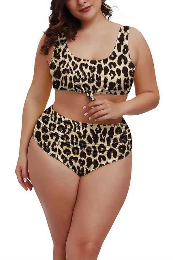 Plus Size U Neck Tie High Waisted Pleated Two Piece Swimwear