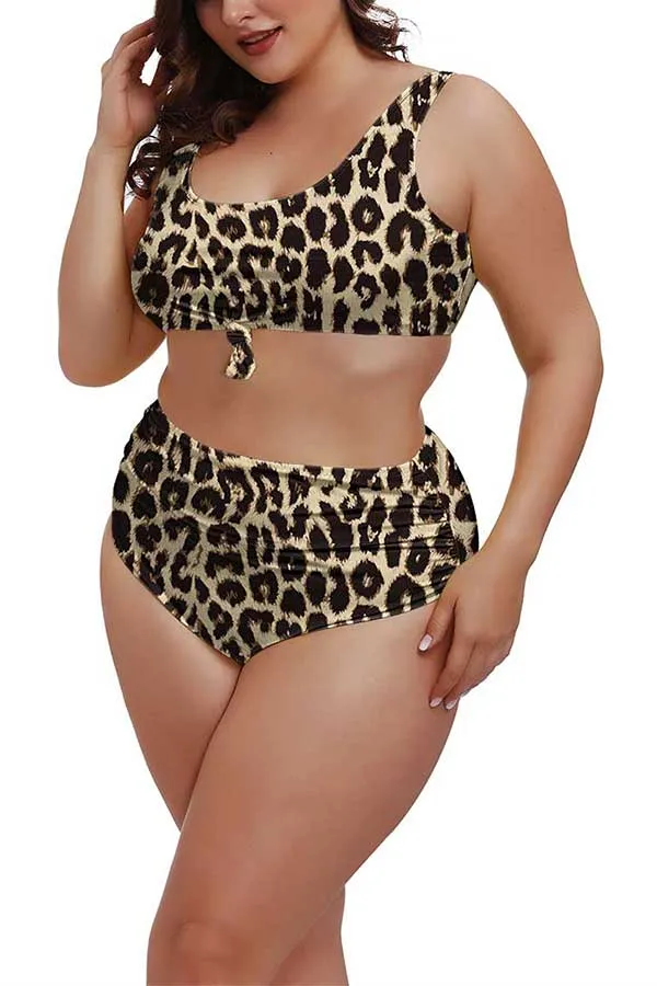 Plus Size U Neck Tie High Waisted Pleated Two Piece Swimwear
