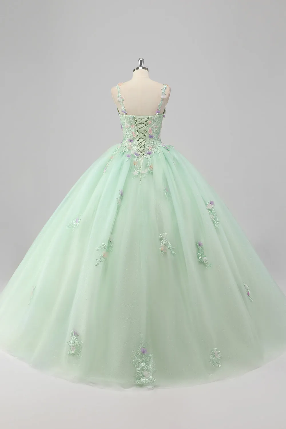 Princess Green Ball Gown Spaghetti Straps Tulle Quinceanera Dress with 3D Flower Appliques