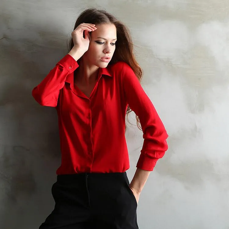 Pure Color Plus Size Chiffon Long Sleeves Blouse Shirt