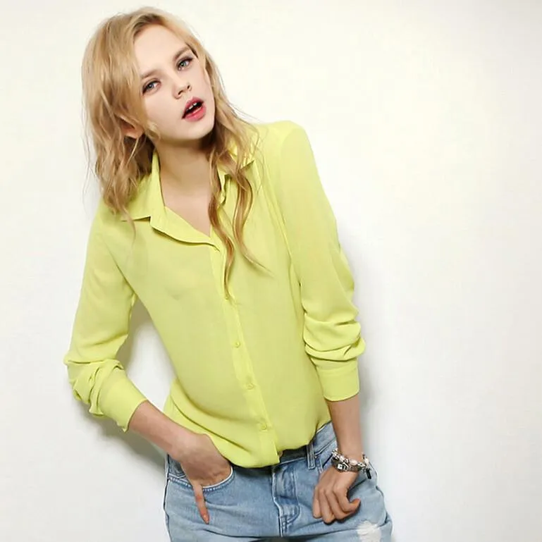 Pure Color Plus Size Chiffon Long Sleeves Blouse Shirt