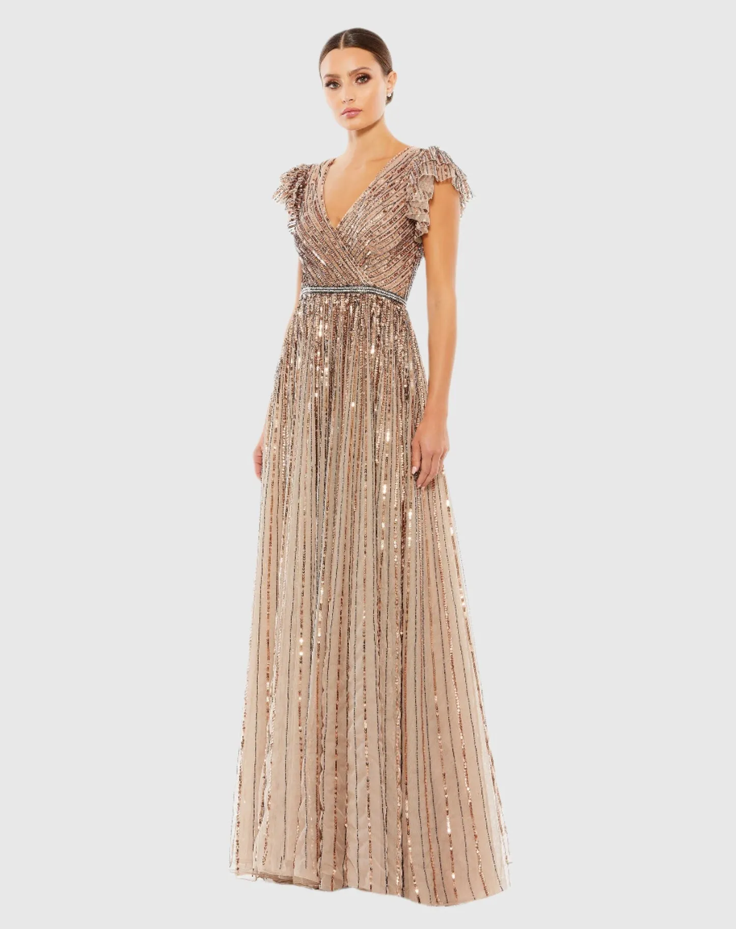 Sequin wrap over ruffle sleeve gown - Copper