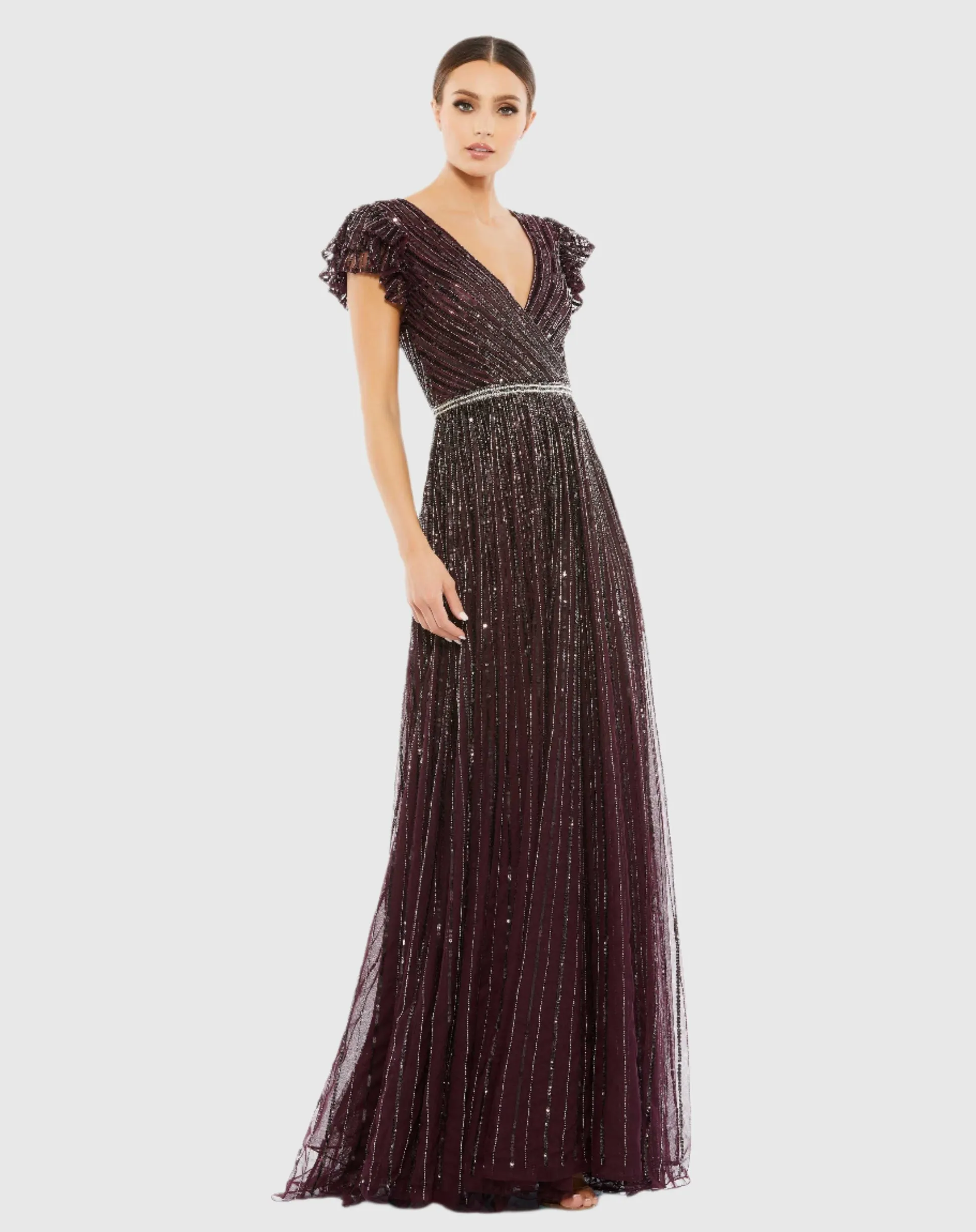 Sequin wrap over ruffle sleeve gown - Copper