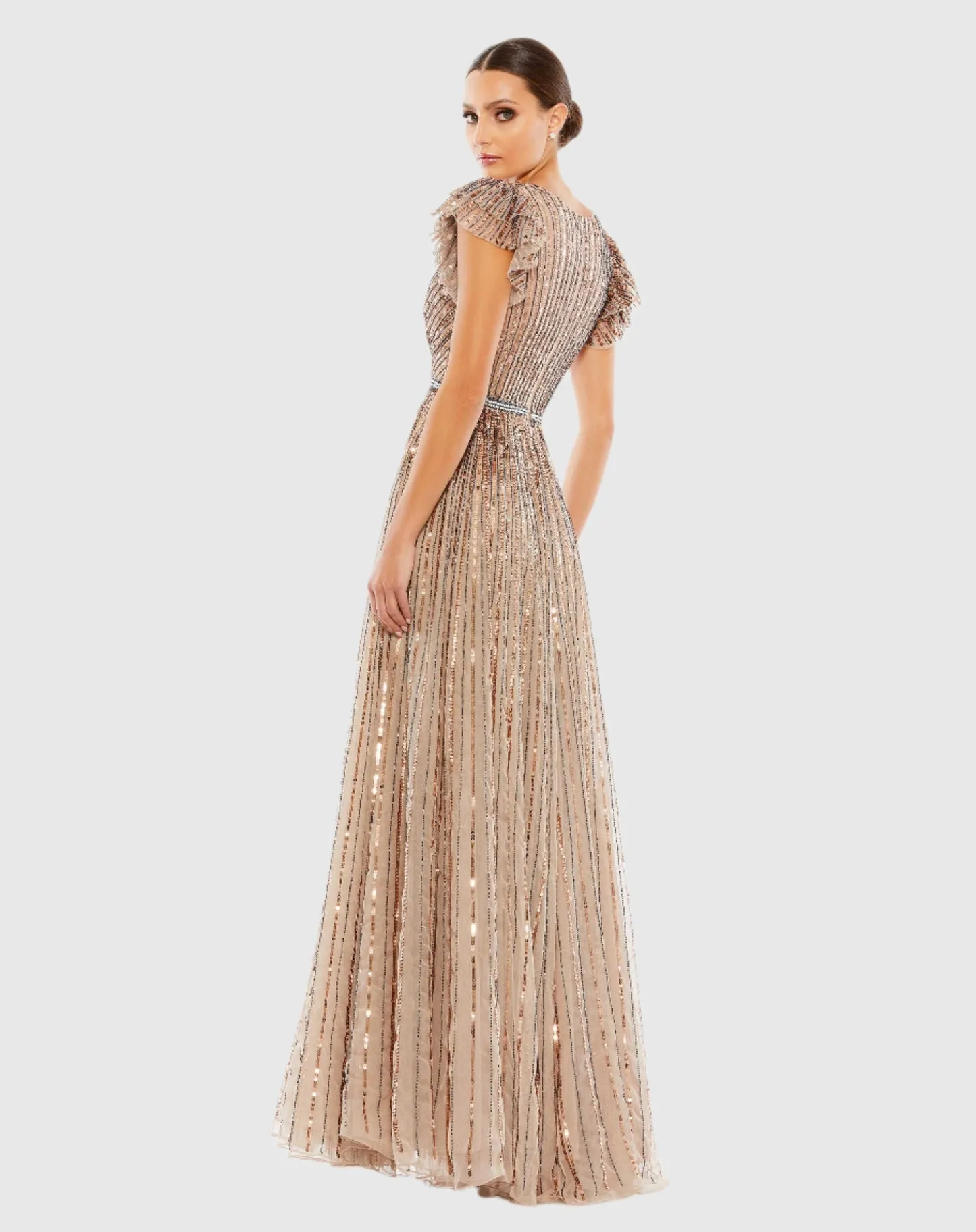 Sequin wrap over ruffle sleeve gown - Copper