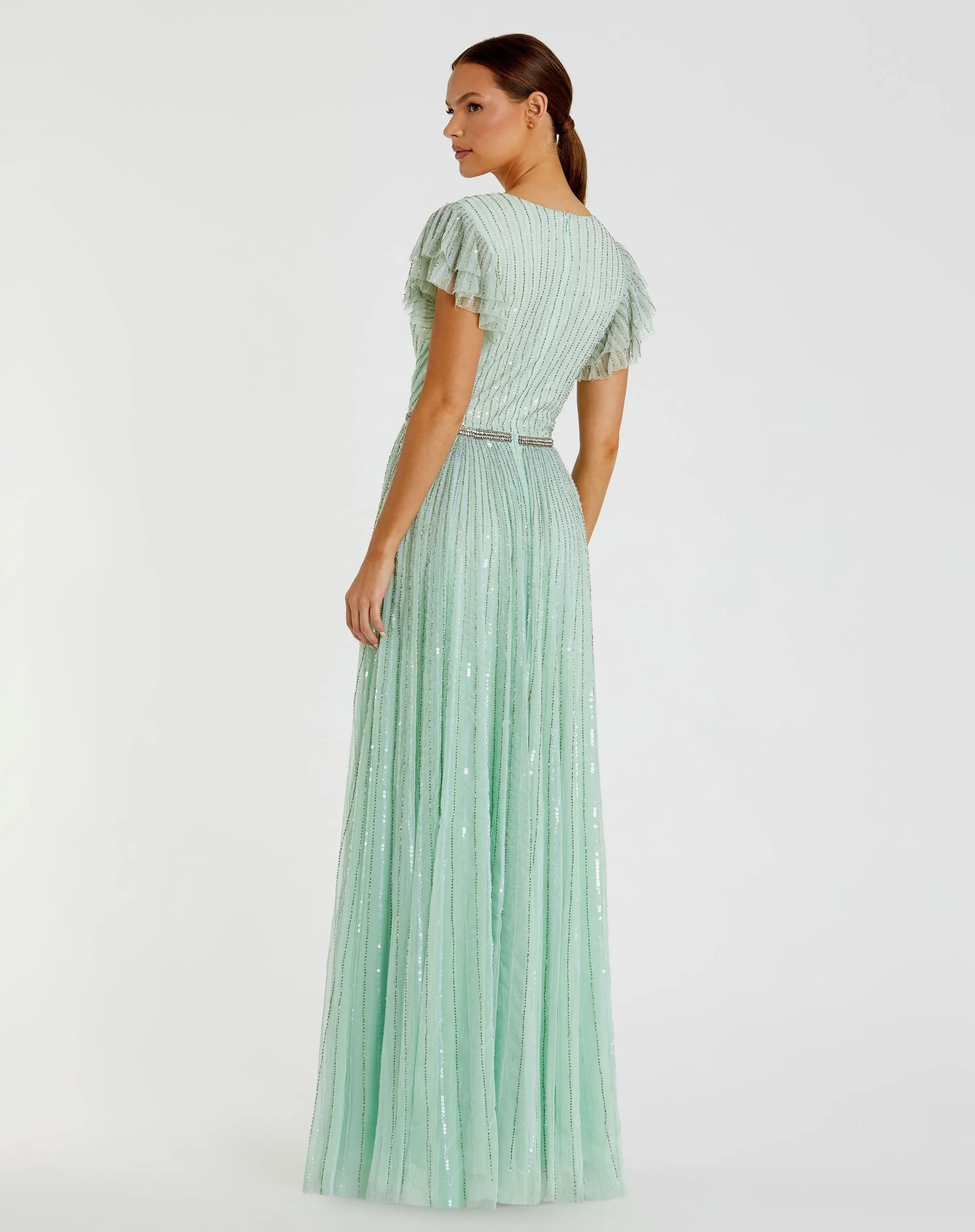 Sequin wrap over ruffle sleeve gown - Copper