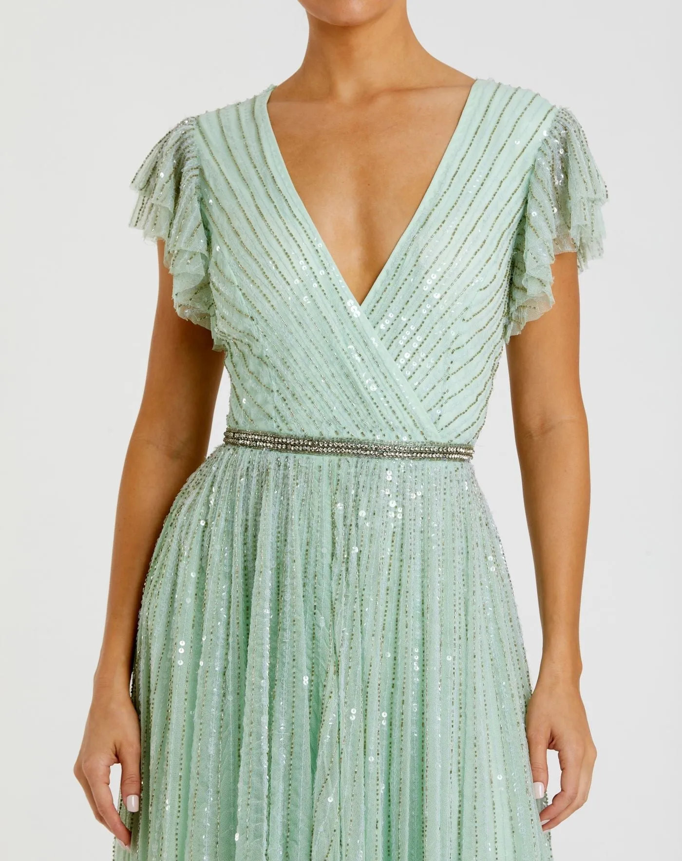 Sequin wrap over ruffle sleeve gown - Copper