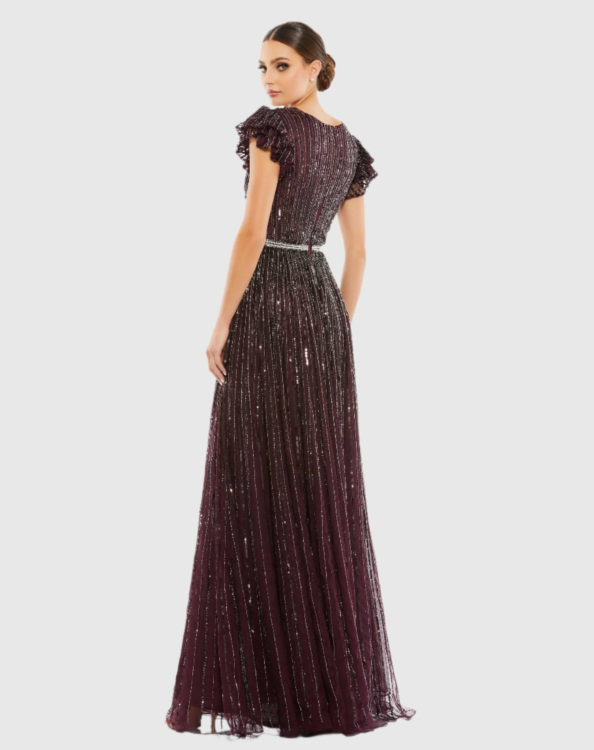Sequin wrap over ruffle sleeve gown - Copper