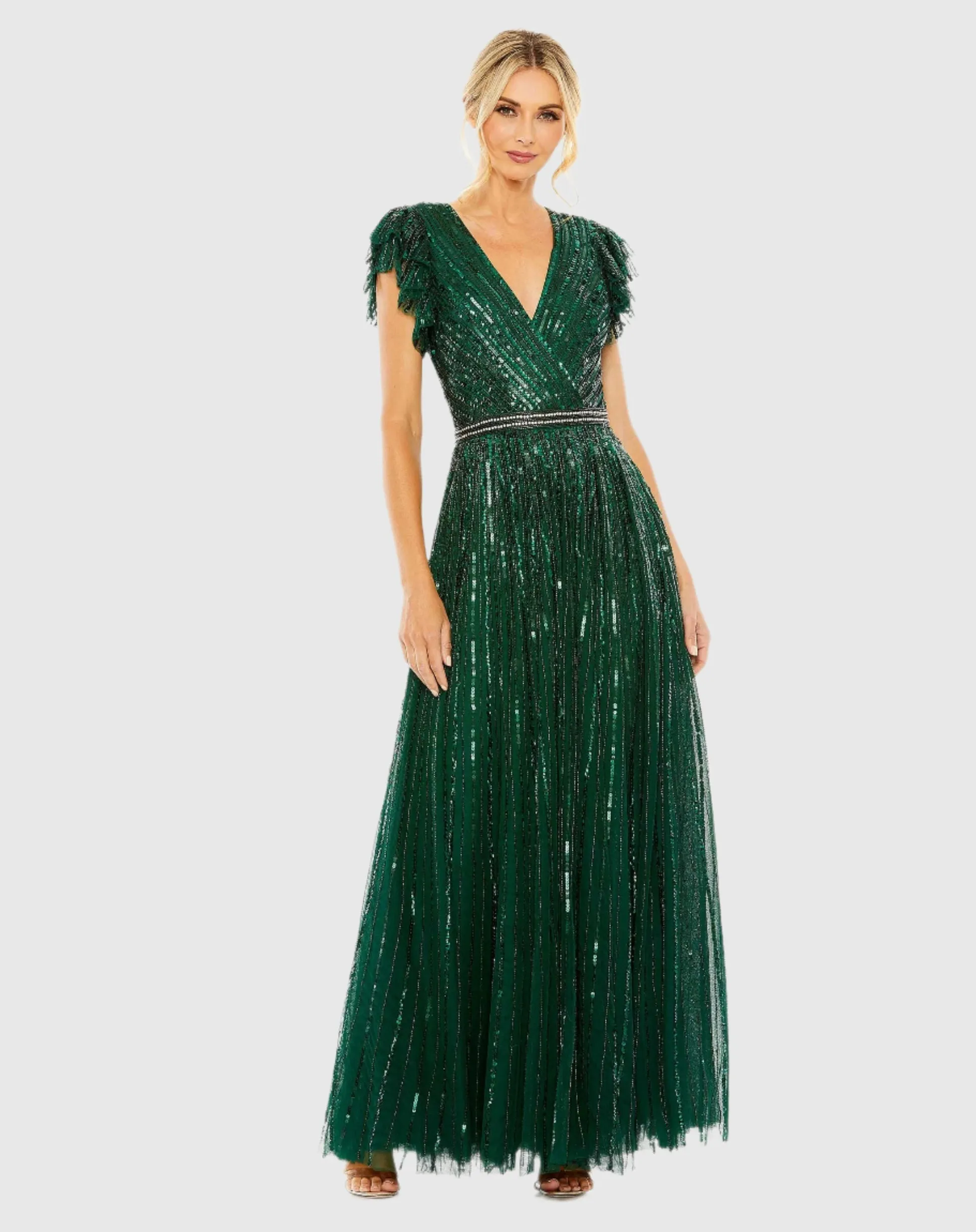 Sequin wrap over ruffle sleeve gown - Copper