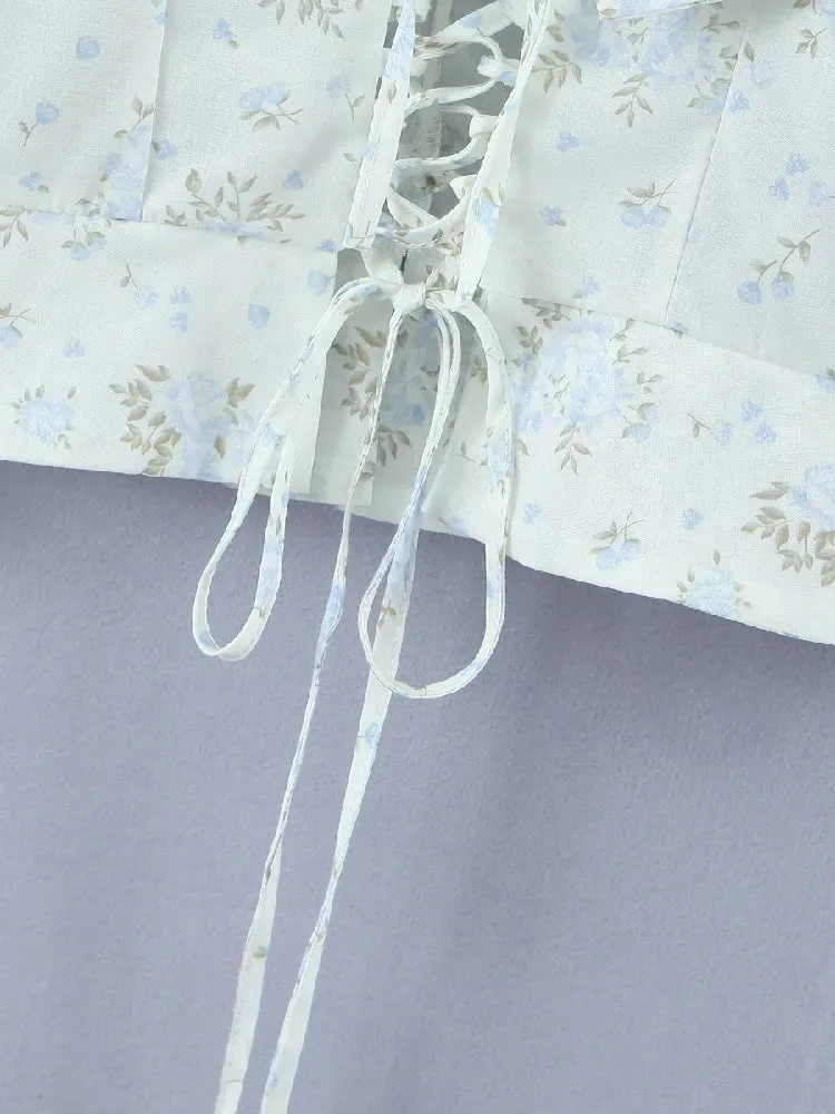 Sexy Corset Cross Floral Wood Square Sweet Blouse