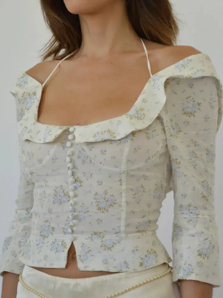 Sexy Corset Cross Floral Wood Square Sweet Blouse