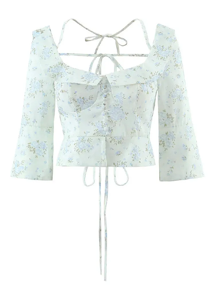 Sexy Corset Cross Floral Wood Square Sweet Blouse