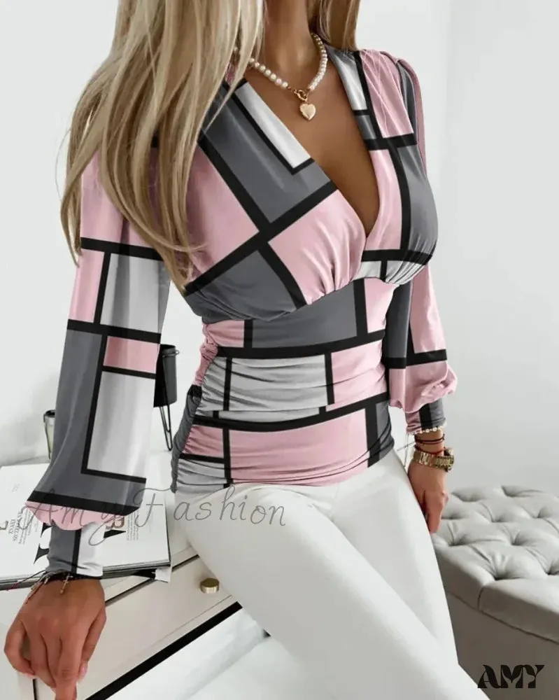 Sexy Deep V Neck Print Slim Femme Blouse