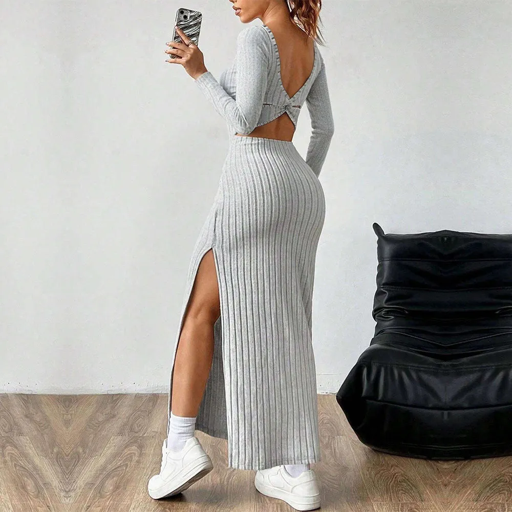 Square Neck Open Back Design Long Sleeve Midi Dress Wholesale Womens Clothing N3824110900019