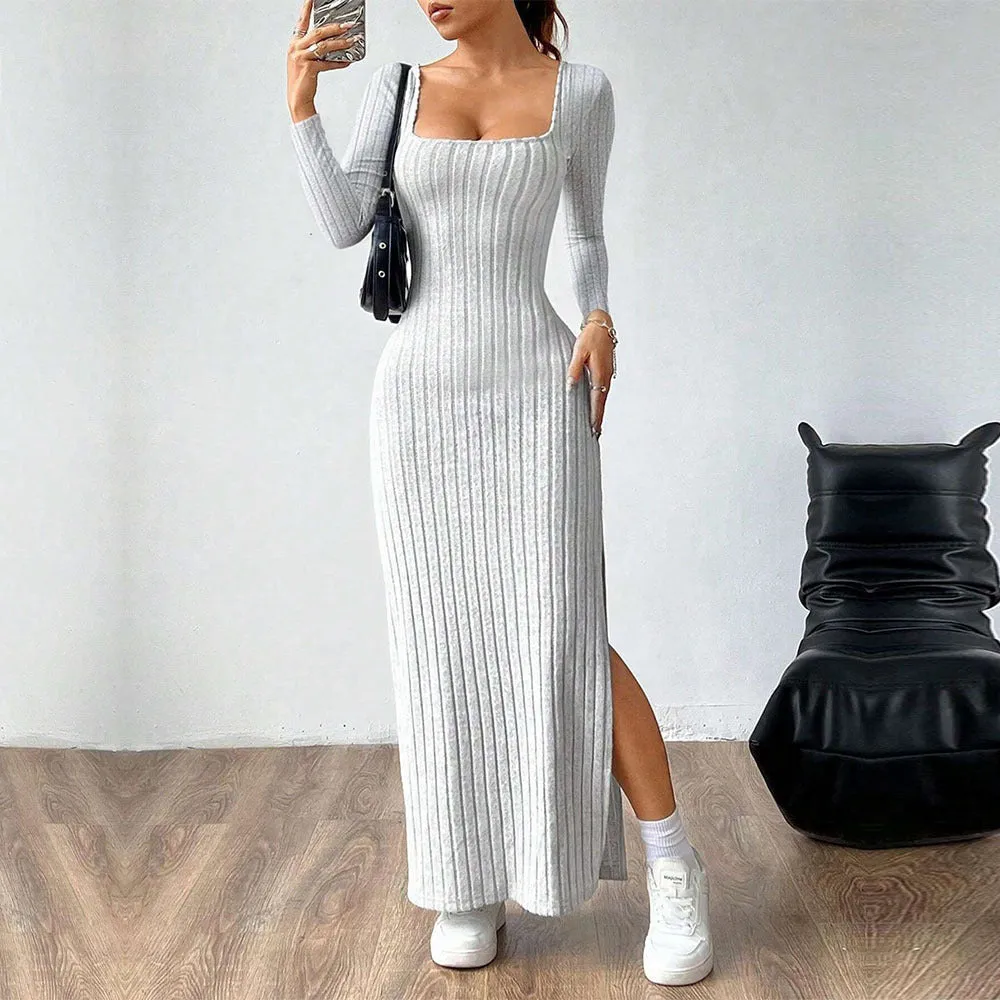 Square Neck Open Back Design Long Sleeve Midi Dress Wholesale Womens Clothing N3824110900019