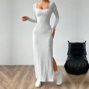 Square Neck Open Back Design Long Sleeve Midi Dress Wholesale Womens Clothing N3824110900019