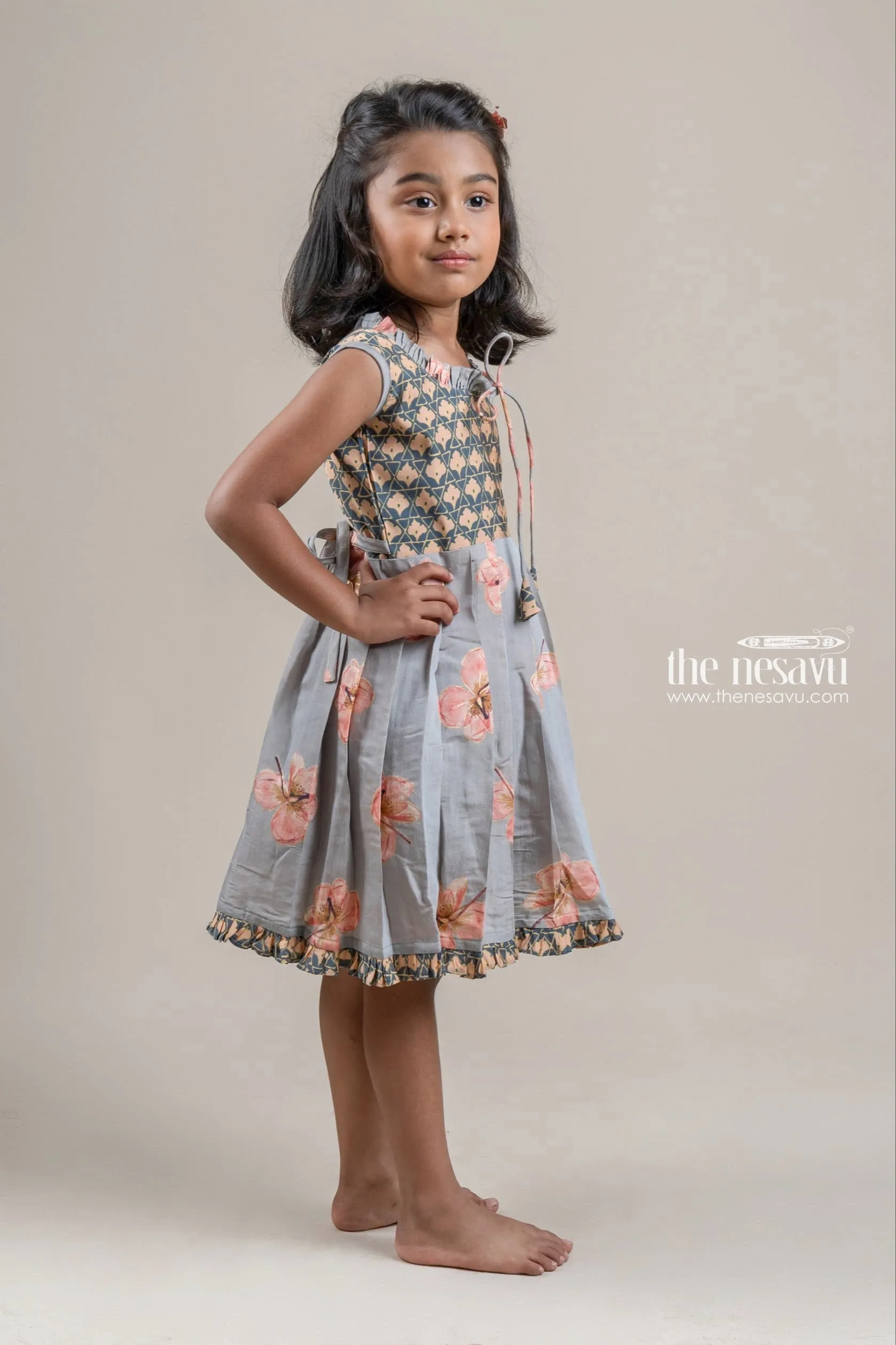 Stunning Gray Chanderi Floral Printed Cotton Frock with Tiny Ruffle Hem