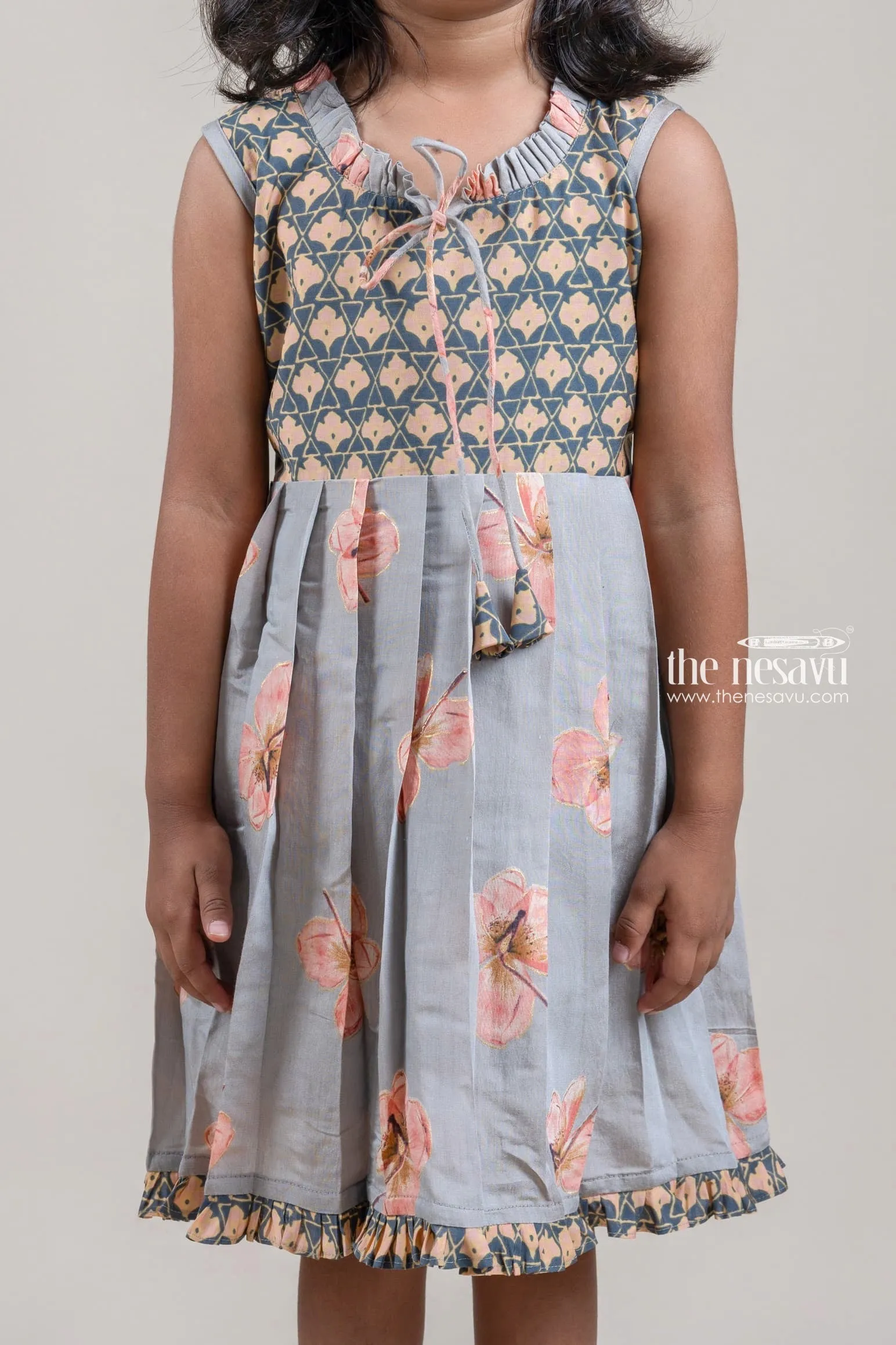 Stunning Gray Chanderi Floral Printed Cotton Frock with Tiny Ruffle Hem