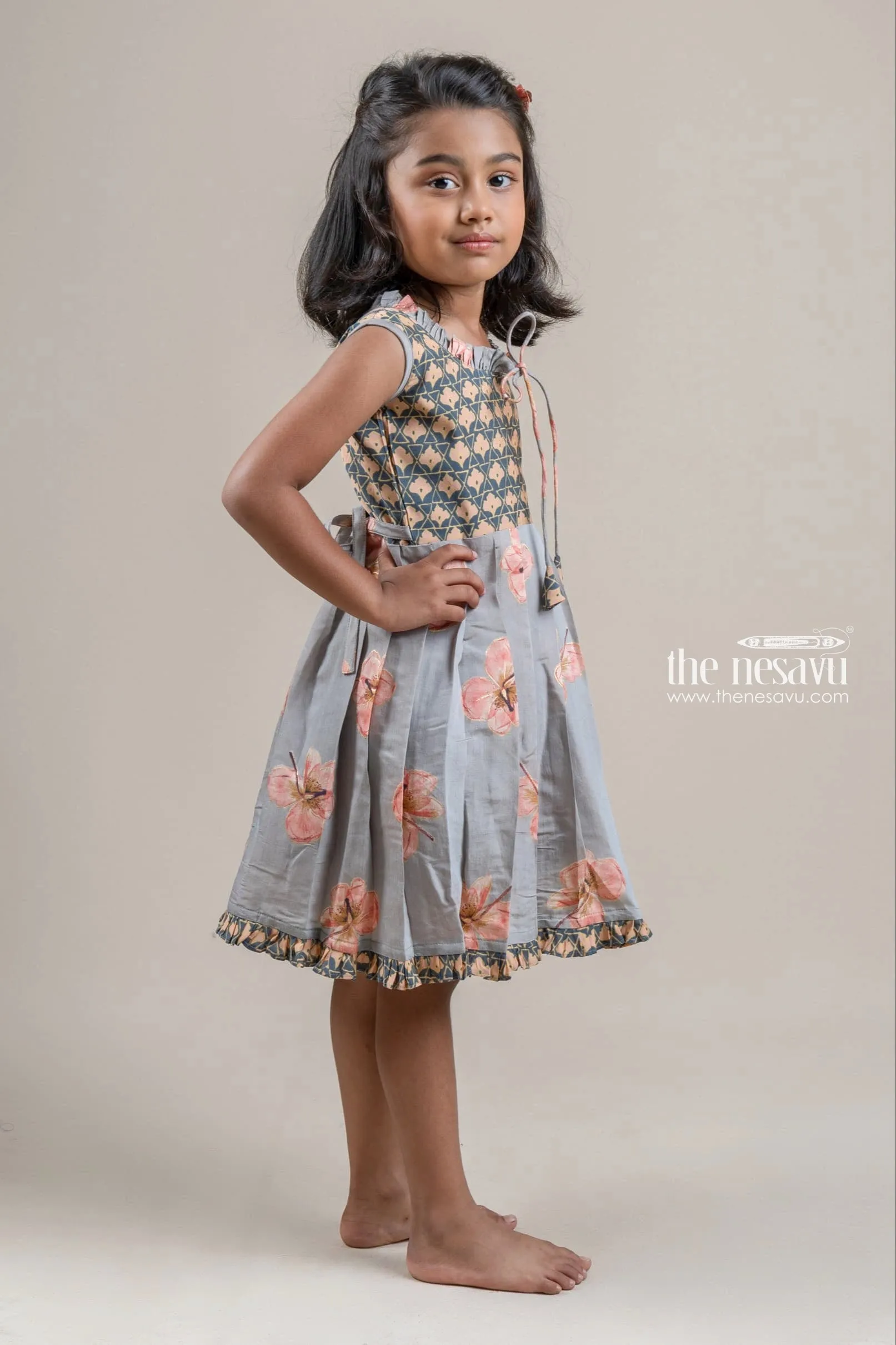 Stunning Gray Chanderi Floral Printed Cotton Frock with Tiny Ruffle Hem