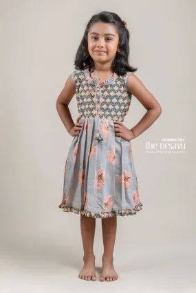 Stunning Gray Chanderi Floral Printed Cotton Frock with Tiny Ruffle Hem