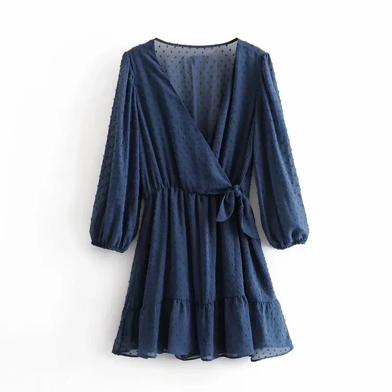 Summer Women Ruffles Lace Chiffon Dress Boho Mini Beach Dress Three Quarter Sleeve Ladies Party Dresses