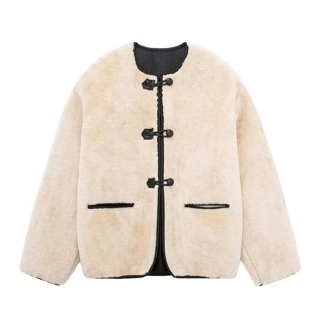 TRAFZA Frauen Mode Faux Pelz Lammwolle Mantel Winter Weibliche Einfache Casual Oansatz Taschen Straße Langarm Kurzarm Mantel Streetwear