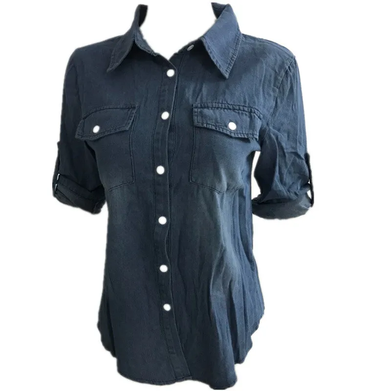 Turn-down Collar Long Sleeves Slim Blouse