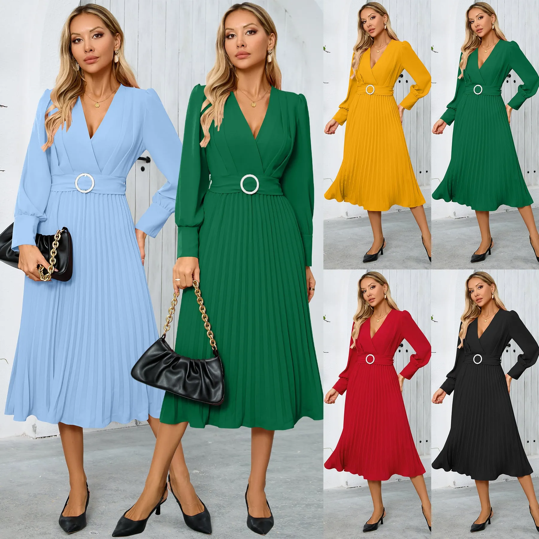V-Neck Long-Sleeved Dress Slim Fit Maxi Dresses Wholesale Womens Clothing N3824082300047
