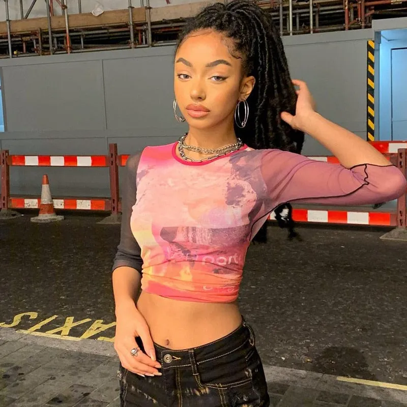 Wenkouban Print Mesh Crop Top Summer Woman Half Sleeve Tie Dye Pink Tshirts Streetwear Sexy Round Neck Slim See Through Graphic Tees